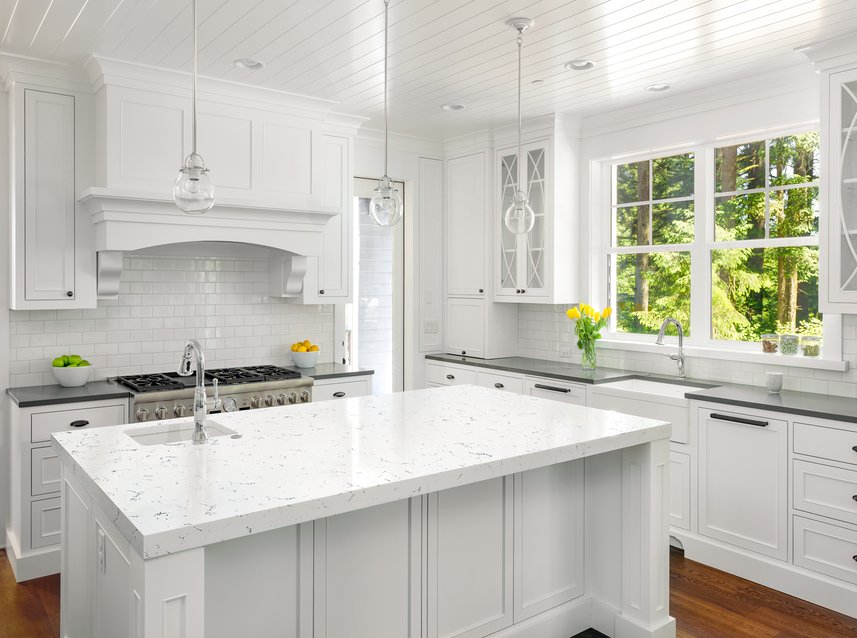Kitchen Interior in New Luxury Home: White Kitchen with Island,